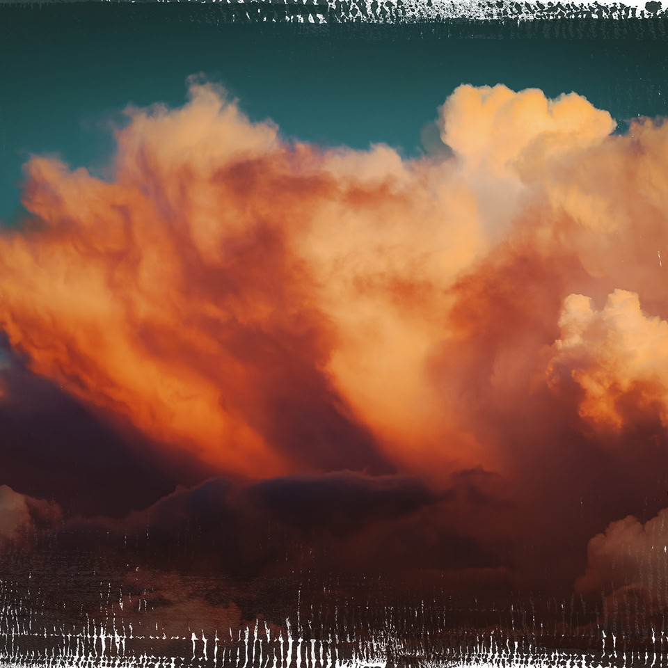 Orange and pink clouds against a dark blue sky with a textured border.