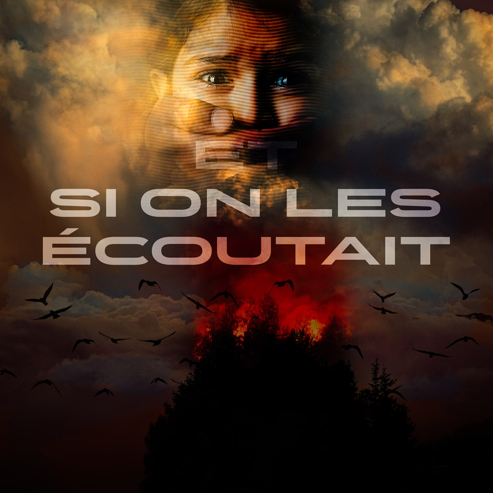A face partially visible in the clouds above a forest fire, with birds flying in the sky and text in French overlaying the image.
