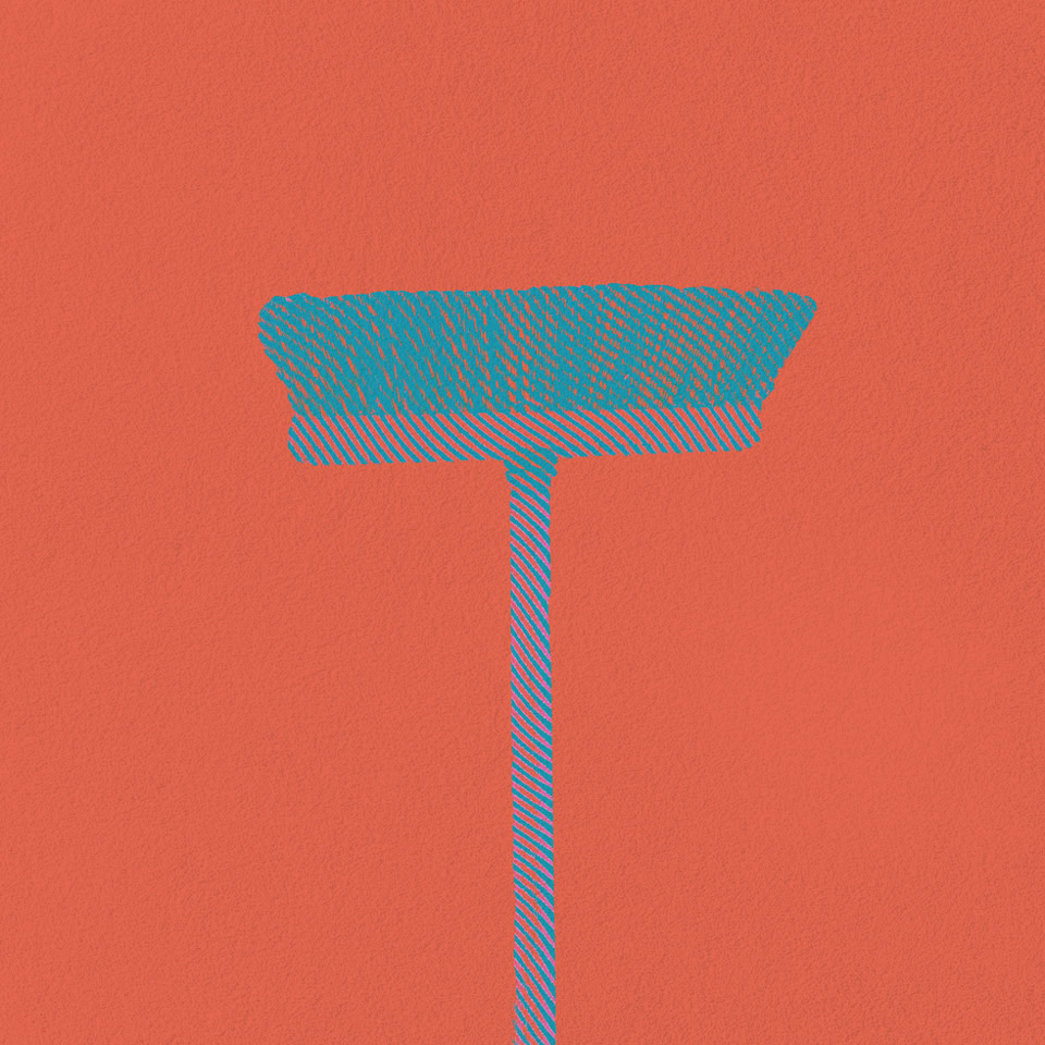 Illustration d'un balai bleu sur fond orange.
